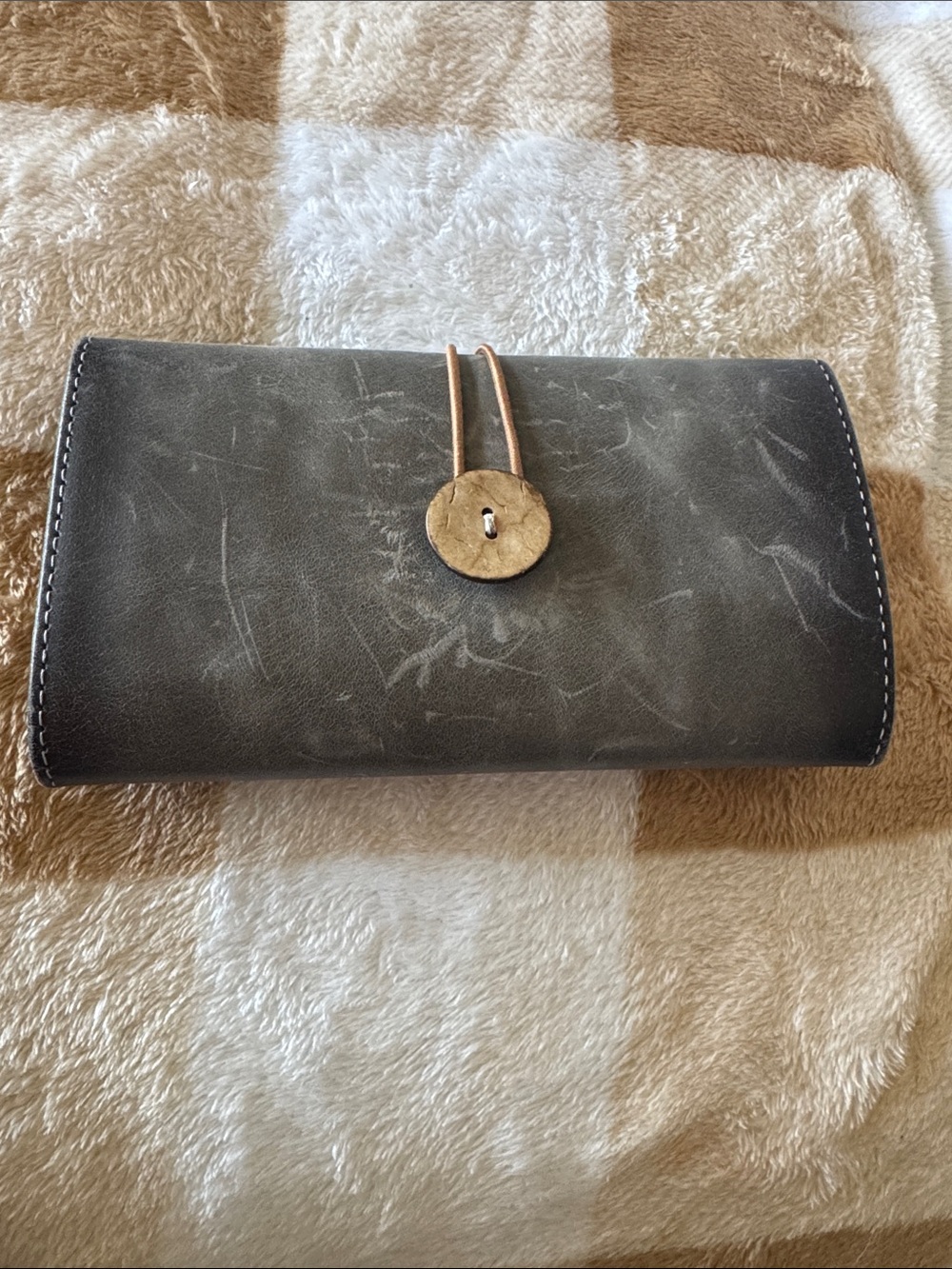 Women's Gray Leather Button-Closure Wallet with Elastic Loop